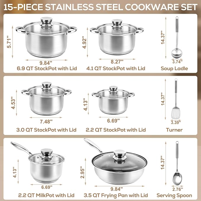 Stainless Steel Cookware Set Pots and Pans- 15 Pieces Nonstick Pot and Pan Set Includes 1 Frying Pans, 5 Pots, 6 Lids and 3 Utensils, with Stay Cooling Handle, Induction & Oven Safe