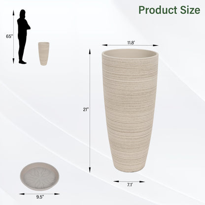 Neoaider Set of 2 Tall Planter, 21 inch Large Plastic Planter with Drain Hole & Saucers, Large Outdoor Planters for Porch, Garden, Patio, Balcony(Oat Color)
