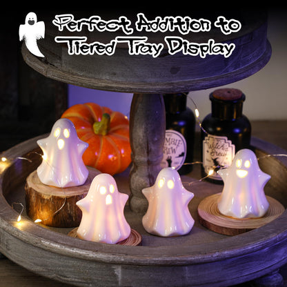 4PCS Ceramic Ghost Light Up Decor, Cute Ghost Halloween Decor, Small White Ghost Figurine Timer Led Ghost Figurines for Desk Tabletop Centerpieces，Halloween Decoration Indoor