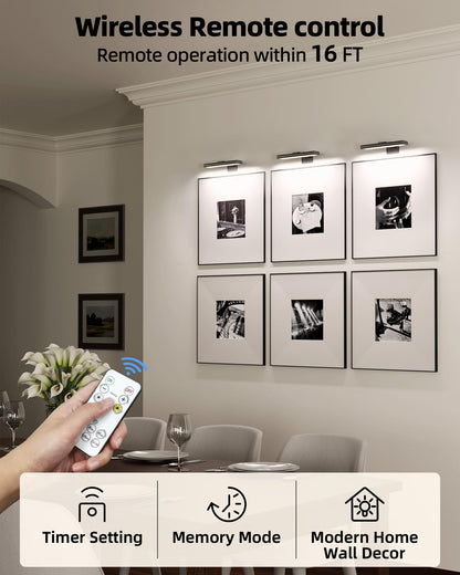 EZVALO Picture Light for Wall, Rechargeable 2400mAh Battery Lights Wireless with IR Remote, 3 Color & Dimmable Magnetic 7.8'' LED Lights Display for Painting, Living Room, Gallery, Bedroom(Black-3P)