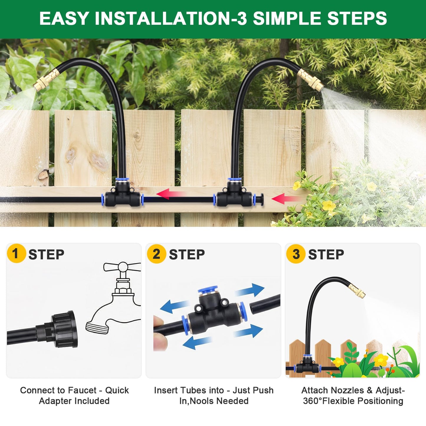 Starrey Drip Irrigation System, 2026-Upgrade 50Ft 1/4" Garden Watering System with 12 Pcs 360° Adjustable Copper Nozzles, DIY Kit for Garden, Lawn, Greenhouse, Raised Beds & Outdoor Plants