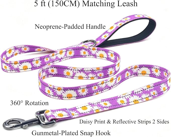 Dog Collar Leash Set, Floral Pattern, with Safety Reflective Strips, 5 ft Matching Leash, Neoprene Padded Handle, Adjustable 4 Sizes for Small Medium Large Dogs.(M, Purple Daisy)