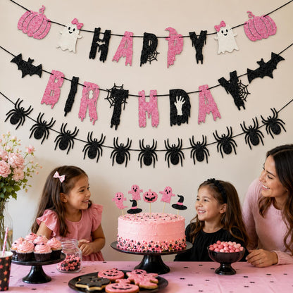 Pink Black Halloween Birthday Decorations, Cute Spooky Happy Birthday Banner with Ghost Pumpkin Bat Spider Garland, Halloween Party Supplies with Cake Toppers for Girls Birthday Party