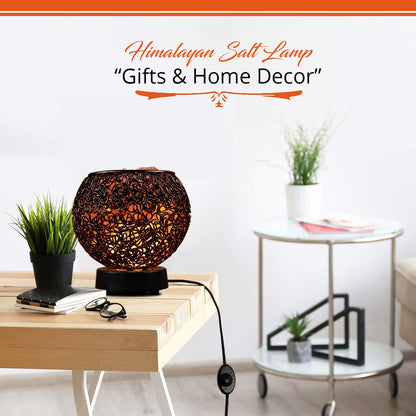 Plemo Natural Himalayan Salt Lamp with Genuine Wood Base in Classic Round Metal Basket with Dimmable Cord and Luxury Gift Box