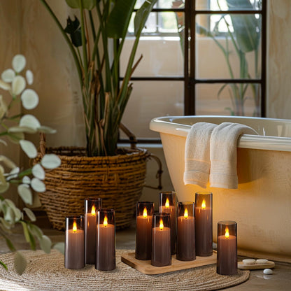 Amagic Grey Flameless Candles 9 Set, Battery Operated Candles with Remote Control and Timer, Flickering LED Pillar Candles for Home Halloween Decor, 3D Wick, Warm Yellow Light, D2.2 xH5 6" 7"