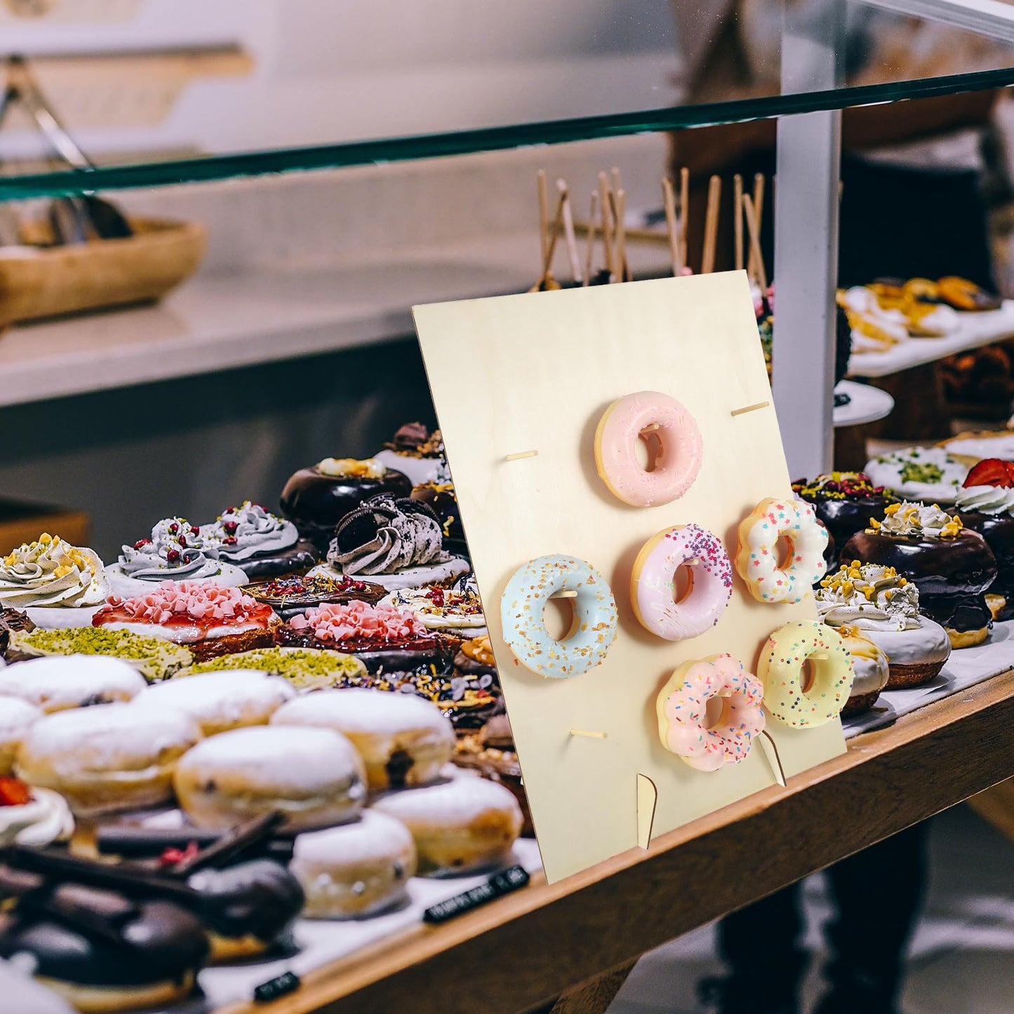 PRETYZOOM Wooden Donut Display Stand 15.74X11.81X1.96In Pastry Display Rack with Smooth Surface for Wedding Party Dessert Table and Kitchen Donut Holder