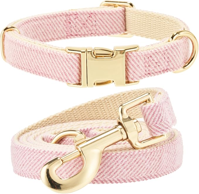 Luxury Soft Cotton Tweed Fabric Dog Collar & Leash Set with Gold Buckle – Durable Fabric, Stylish Design for Everyday Walks(Medium Pink)