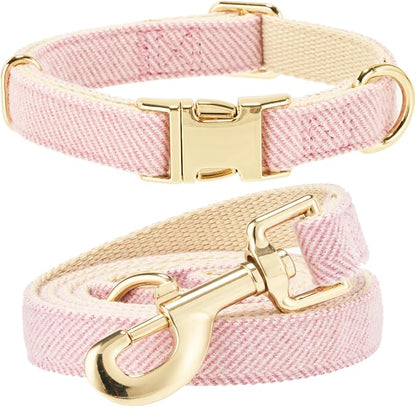 Luxury Soft Cotton Tweed Fabric Dog Collar & Leash Set with Gold Buckle – Durable Fabric, Stylish Design for Everyday Walks(Medium Pink)