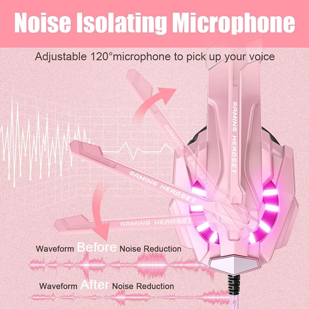 BENGOO G9000 Professional Gaming Headset for PS4, PC, Xbox One Controller, Noise Cancelling Over Ear Headphones with Mic, LED Light, Bass Surround, Soft Memory Earmuffs for Laptop - Pink