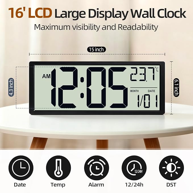 16" Digital Wall Clock, Battery-Operated with Large LCD Display, Jumbo Number Modern Decorative Clock with Alarm, Date, Calendar, Temperature for Elderly, Senior Bedroom, Living Room, Kitchen