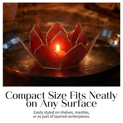 Om Gallery Mini Gemstone Lotus Tealight Holder - Handcrafted Capiz Shell Design for Soft Glow, Elegant Home & Table Decor, Wedding Centerpiece, Votive Candle Styling & Thoughtful Gifting - Ruby