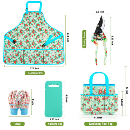 Garden Tools Set, JUMPHIGH 10 PCS Heavy Duty Gardening Tools Includes Hand Trowel Rake Weeder Pruner, Gardening Gifts for Women, Garden Kit with Tote Bag, Apron, Gloves, Kneeling Pad