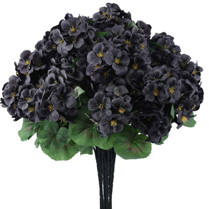 Hananona 6 Pcs Artificial Geranium Flowers for Outdoors Geranium Silk Flowers Outdoor UV Resistant Garden Plants Faux Black Flower for Home Kitchen Halloween Table Centerpieces Decor (6, Black)