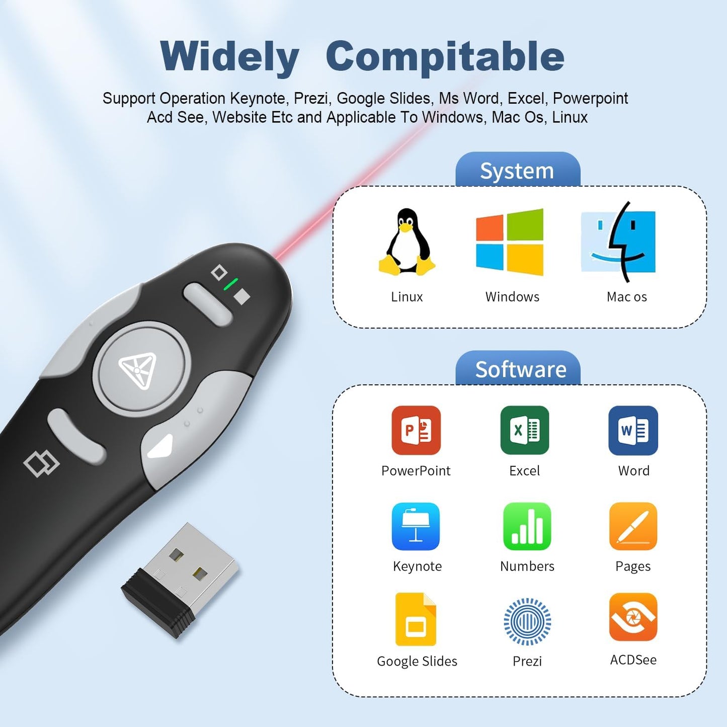 QUI 10 Pack Wireless Presenter PowerPoint Clicker, RF 2.4GHz USB Presentation Clicker for Google Slides, Keynote, Mac, Windows