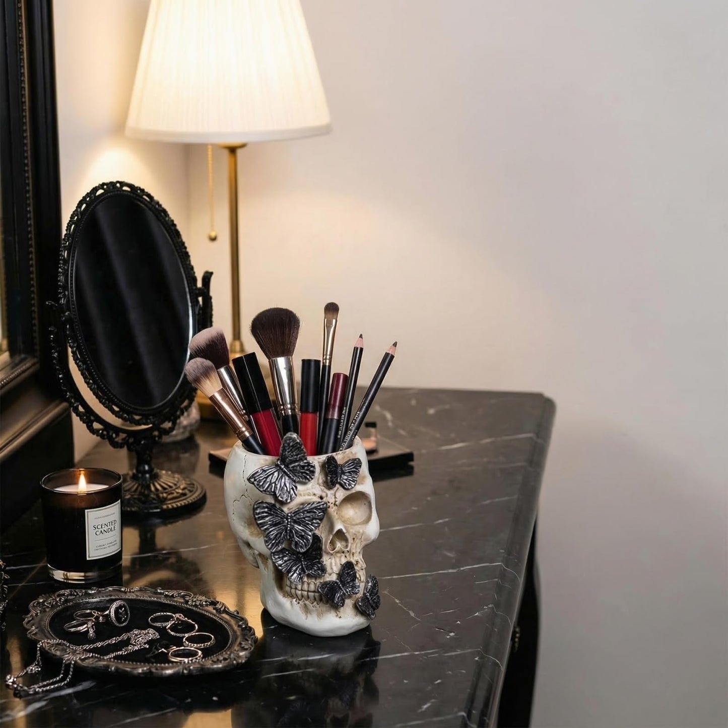 Qulfimea Gothic Skull Pen Holder, Skull Makeup Brush Holder, Dressing Table, Desk, Stationery, Decorative Flower Pot, Halloween Home Office Desk Indoor And Outdoor Decoration