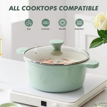 SENSARTE Ceramic Nonstick Stock Pot with Lid, 4.5 Quart Induction Cooking Pot with Tempered Glass Lid, Stew Pot for Soup and Oatmeal, Pasta Casserole, PFOA PFAS PTFE Free, Green