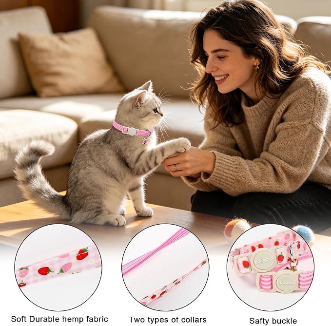 2 Pack Pink Cat Collars - Spring Summer Strawberry Breakaway Cat Collar with Bell, Adjustable Cute Pink Striped Kitten Collars for Girl Cats, 7-12 Inch
