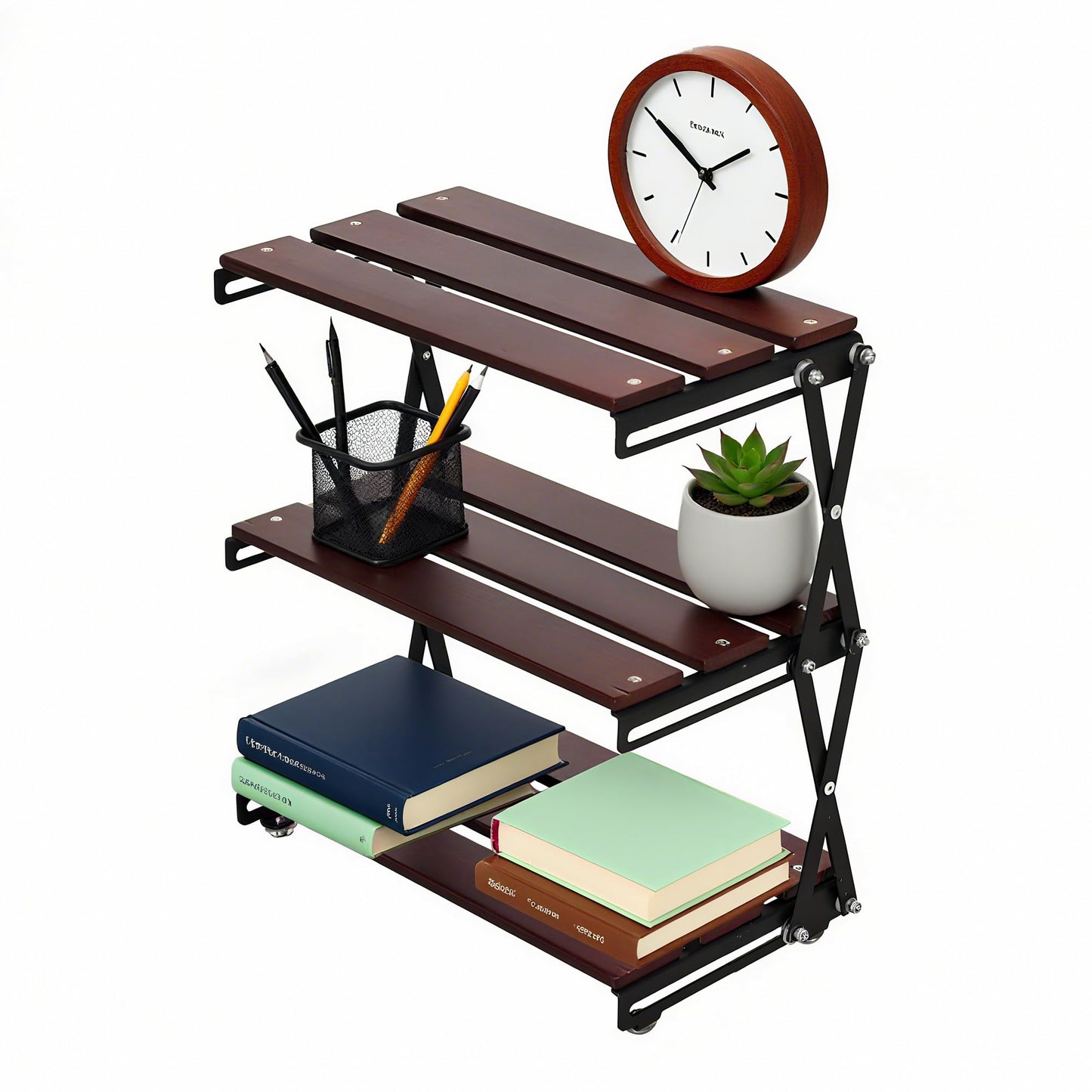 TlaroRiz Desk Shelf Organizer 3 Tiers Wood Compact Desk Organizer Storage Rack Metal Frame Office Desk Shelf Organizers,Walnut