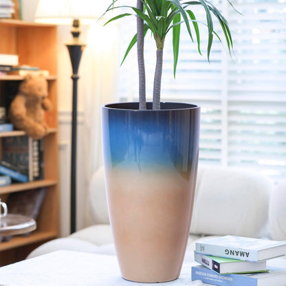 SE SUN-E Tall Planters for Outdoor Plants, Heavy-Duty Plastic Lightweight Flower Pots Blue to Khaki Gradient Garden Pots Porch Planters Outdoor Set of 2 Gifts for Plant Lovers