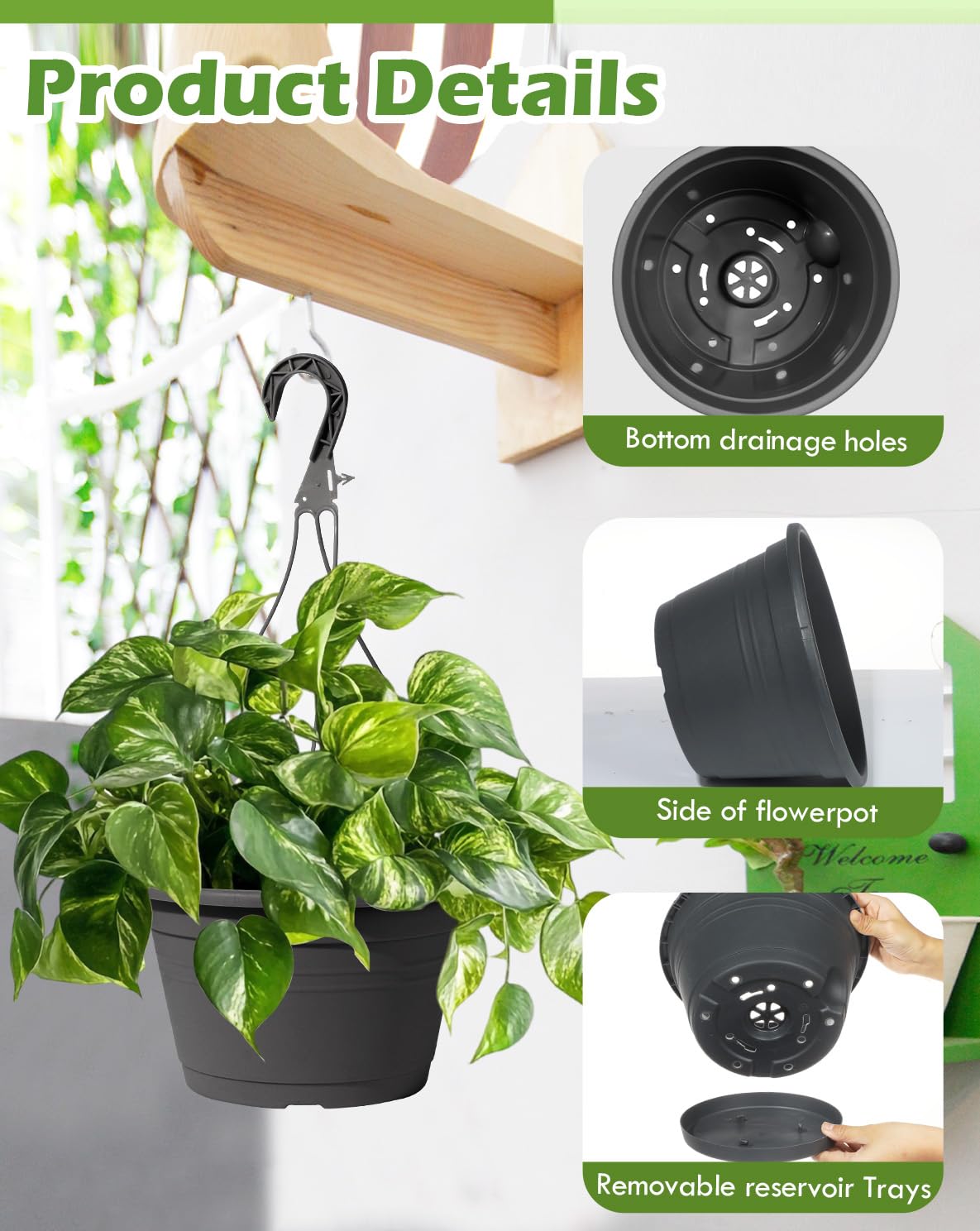 VIDELLY 4 Pcs Hanging Planters,10" Hanging Pots Plastic Hanging Flower Plant Basket with Drainage Trays & Chain Holder for Outdoor Indoor Plants Garden Balcony Decoration, Dark Gray