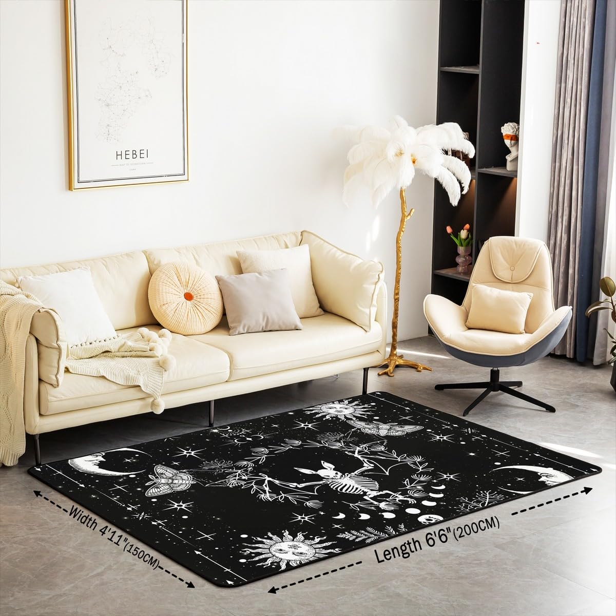 Castle Fairy Gothic Bat Area Rug 5x6'6''x0.39'' for Bedside,Halloween Skull Boho Sun Moon Home Mat for Playroom Office,Rustic Botanical Leaves Indoor Floor Area Rugs Washable Rug