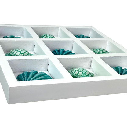 Coastal Shell and Sea Turtle Decorative Sculpture – 7" White Wood Tic Tac Toe Table Accent with Resin Pieces, Beach House Nautical Coffee Table Centerpiece, Ocean Home Decor, Adult Display Art