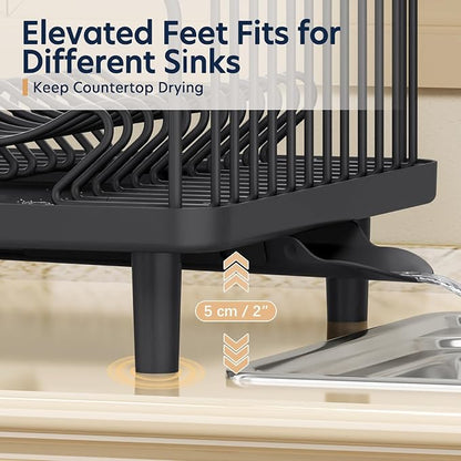 Stainless Steel Dish Drying Rack - Large Capacity Dish Rack for Kitchen Counter with Drain Board, Rustproof Dish Drainer with Drain Spout, Utensil Holder & Glass Holder, Dinnerware Organizer, Black