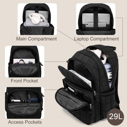 kadilong Laptop Backpack for Women College Travel,Quilted Daypack Bookbag for School Teen Girls Mochilas Mujer,Black