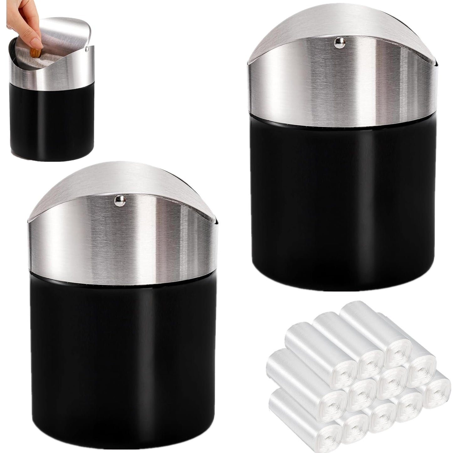 ToppYuanZea 2 Pack Mini Trash Can for Desk, Swing Lid Brushed Stainless Steel Countertop Garbage Bin with 12 Rolls Bags, Modern Tiny Waste Basket for Vanity, Makeup Tabletop, Office Desk, Coffee Table