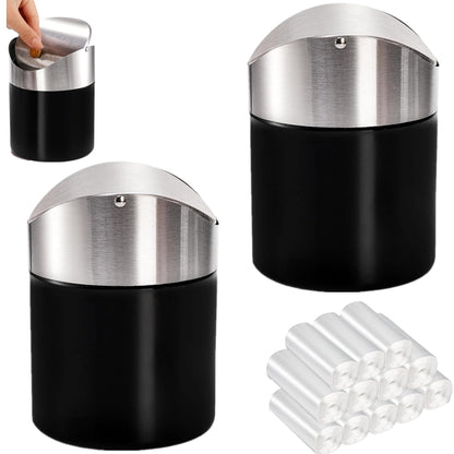 ToppYuanZea 2 Pack Mini Trash Can for Desk, Swing Lid Brushed Stainless Steel Countertop Garbage Bin with 12 Rolls Bags, Modern Tiny Waste Basket for Vanity, Makeup Tabletop, Office Desk, Coffee Table