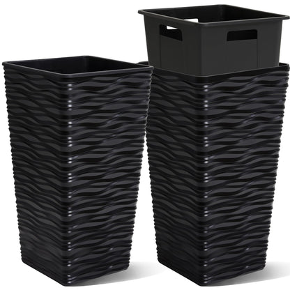 Worth 2 Pack 22" Tall Plastic Square Tapered Planter with Inside Pots for Indoor or Outdoor Use, Modern Wavy Finish for Front Porch or Deck, Black