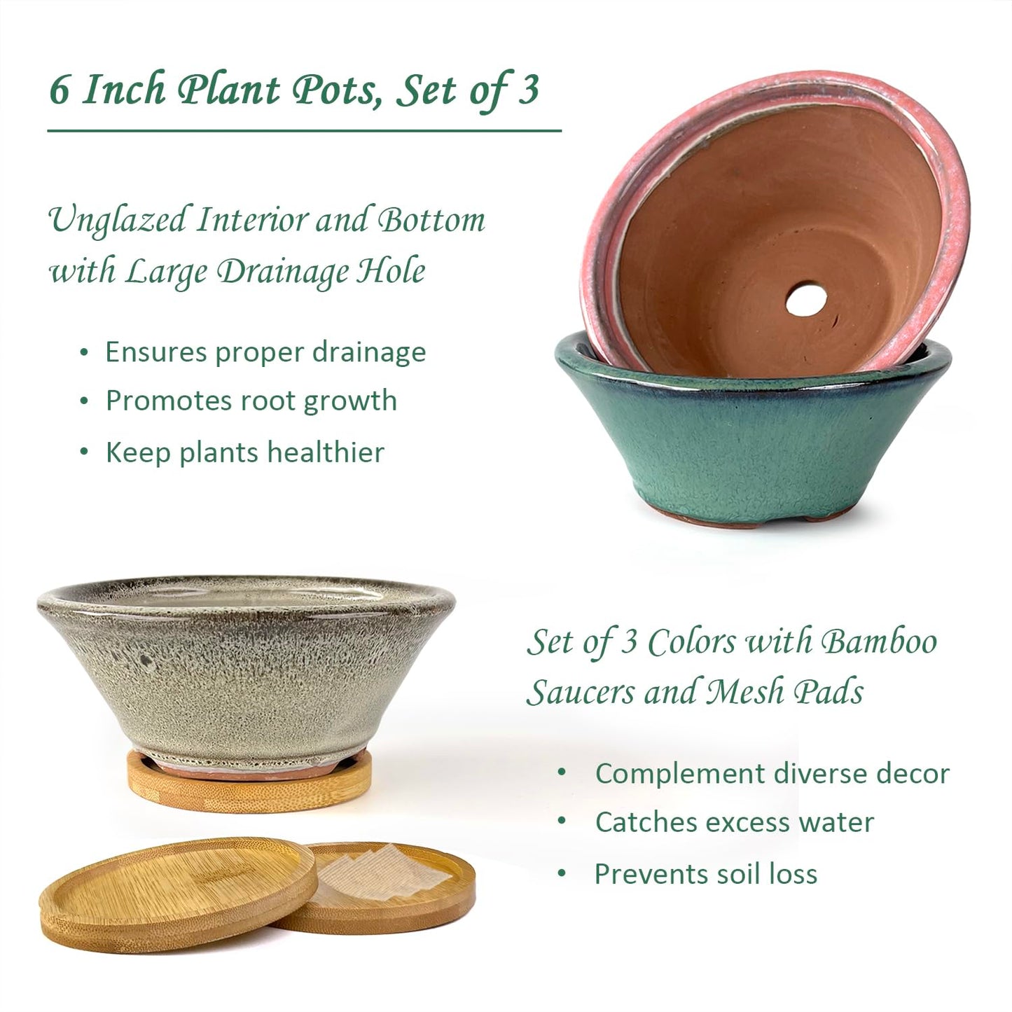 Summer Impressions 6 Inch Glazed Terracotta Succulent Pot Planter Small Plant Pot with Drainage Hole and Bamboo Saucer Cactus Ceramic Pot Set of 3 (Light Green Pink White)