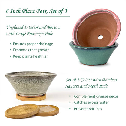 Summer Impressions 6 Inch Glazed Terracotta Succulent Pot Planter Small Plant Pot with Drainage Hole and Bamboo Saucer Cactus Ceramic Pot Set of 3 (Light Green Pink White)