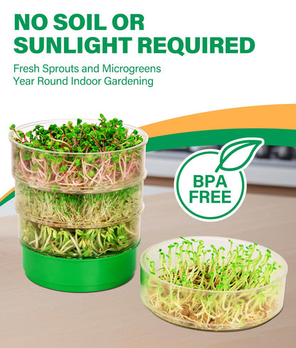 HK Stackable Seed Sprouting Kit, 4-Tier Microgreens Growing Kit with Drain Holes and Drain Tray, Fresh Organic Bean Seed Sprouter Tray, Soil-Free Sprouter Tray for Beans Alfalfa Seeds