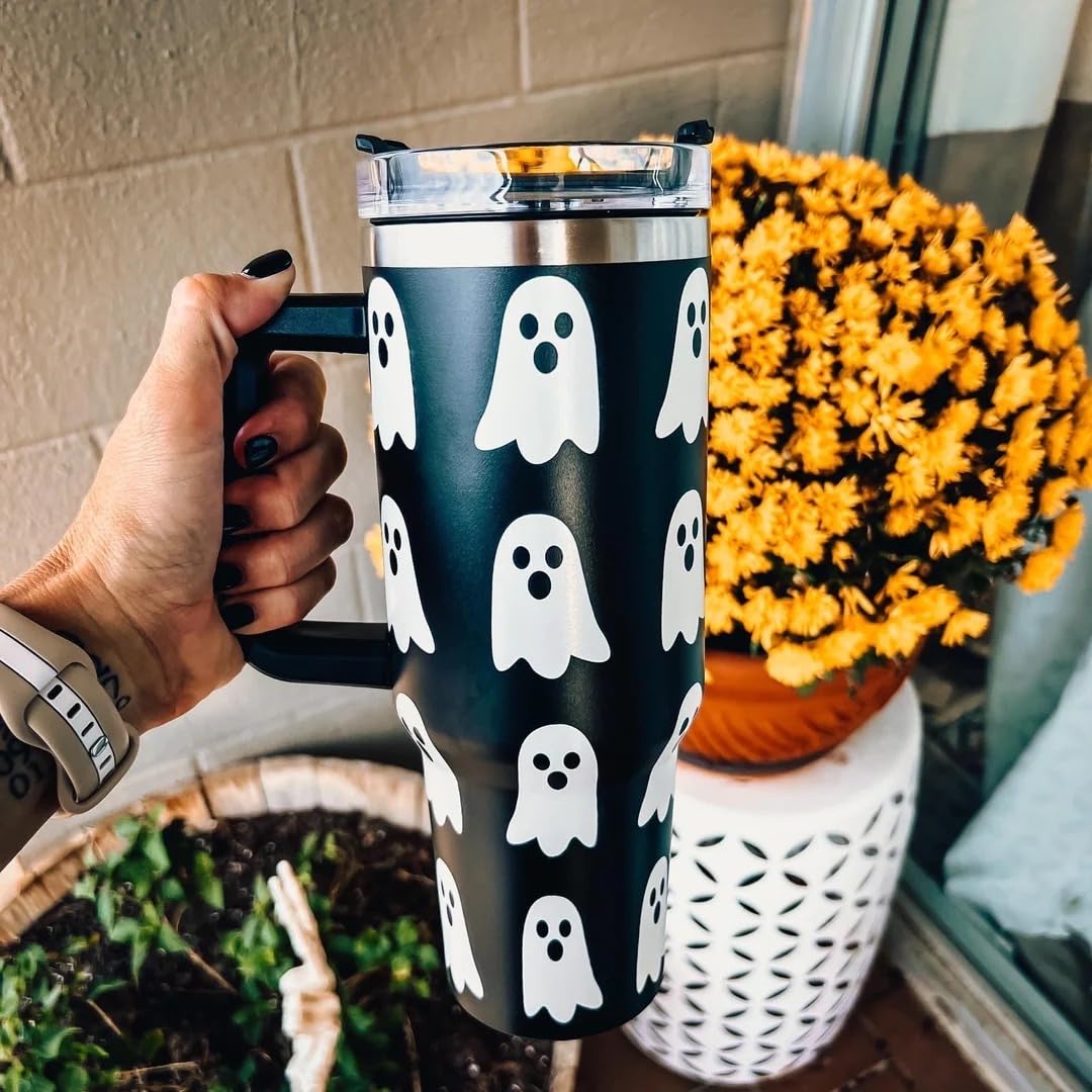 Lashicorn Ghost Boo 40 oz. Tumbler with Handle Black and White Halloween Modern Fall Cup with Lid and Straw Wrap Simply