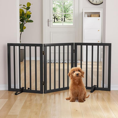 Semiocthome Bamboo Freestanding Dog Gates for Doorways,3-Panel Indoor Puppy Gates for the House with 2 Metal Stands,24"H Folding Pet Gate for Stairs Expands Up to 55"W Fully Assembled Stair Gate Black