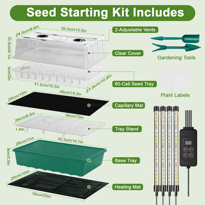 120-Cell Self-Watering Seed Starter Tray with Grow Light, Indoor Seed Starting Kit Trays with Heat Mat, Adjustable Brightness Plant Germination Trays Growing Kit with 4.13" Humidity Dome for Seed Grow