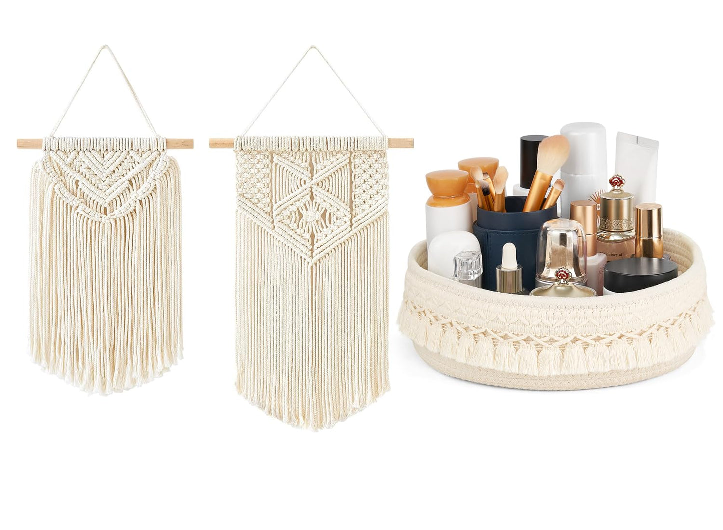 Mkono 3 Pcs Macrame Wall Hanging Boho Wall Decor and Woven Storage Basket Makeup Organzier for Bedroom Living Room Nursery Apartment, Girls Gift