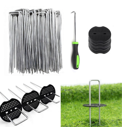 8 Inch 50 PCS Galvanized Landscape Staples with 50 PCS Gasket, Landscape Fabric Pins Stakes Lawn Ground Cover Graden Staples Spikes Weed Barrier Stakes