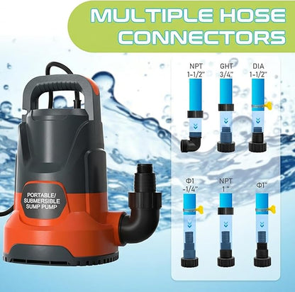 Sump Pump 1HP Submersible Water Pump 3700GPH Electric Portable Transfer Water Pump for Pool Draining Basement, Orange