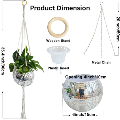 Disco Ball Hanging Plant Pots, Boho Silver Mirror Disco Planter with Chain Hook and Macrame Rope for Indoor Outdoor Decor and Wooden Stand for Desk,Self Watering Insert Pots