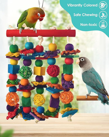 DBNESS Bird Toys, Parakeet Chewing Toy, Multicolored Natural Wooden Blocks Birds Parrot Tearing Toys mit Rattan Wicker Balls, for Medium Small Macaw Cockatoos Budgie Lovebird Cockatiel Conures