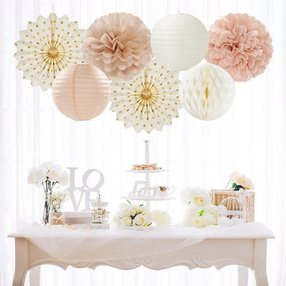 Champagne-Gold Beige-Peach Boho Party-Decorations Streamers - 14pcs Fall Neutral Baby Shower Rustic Bohemian Wedding Paper Honeycomb Lanterns Fan,Birthday Bachelorette Bridal Decor Lasting Surprise