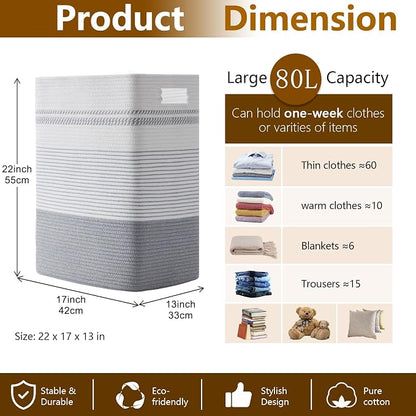 80L Large Cotton Rope Laundry Basket for Bedroom & Laundry Room, Tall Clothes Hamper with Sturdy Handles, Neutral Storage Bin Capable of Holding Blankets and Toys