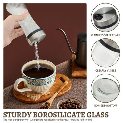 Realand 2 Pack Sugar Dispenser with 3 Adjustable Pour Spout, 6.8oz Glass Sugar Shaker Pourer Jar for Coffee Bar & Station, Airtight Salt and Pepper Shakers Spice Container