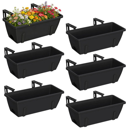 CADUKE 6 PCS Railing Planter Boxes, Black Planter Boxes with Adjustable Bracket, 17 Inch Deck Rail Planters for Outdoor Plants, Flower Pots for Balcony Garden Decor