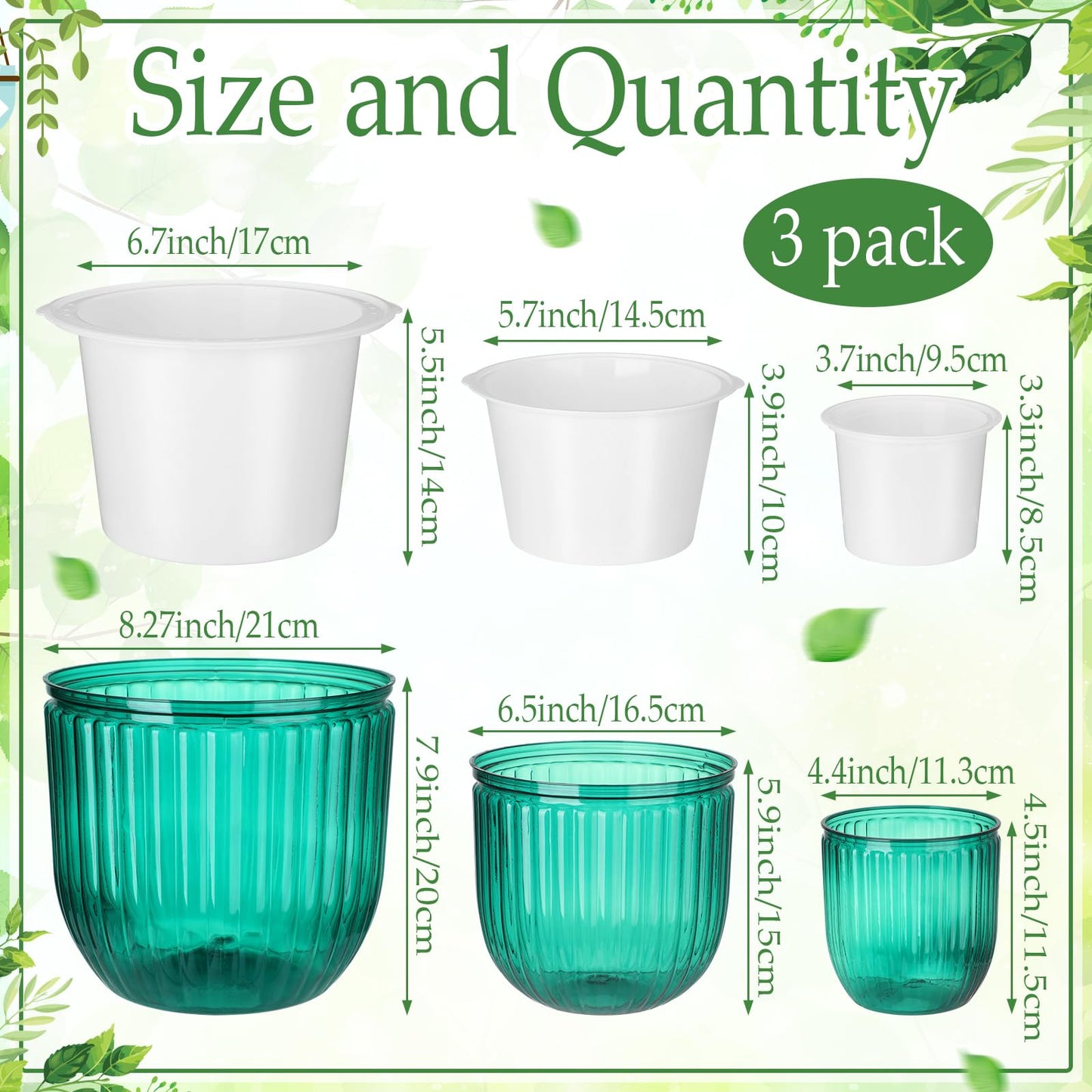 Romooa 3 Pcs Self Watering Pots for Indoor Plants Planters with Drainage Holes 8.3" 6.5" 4.5" Flower Pots Durable Plastic with Wick Rope and Reservoir Emerald Green Clear for Herbs African Violet