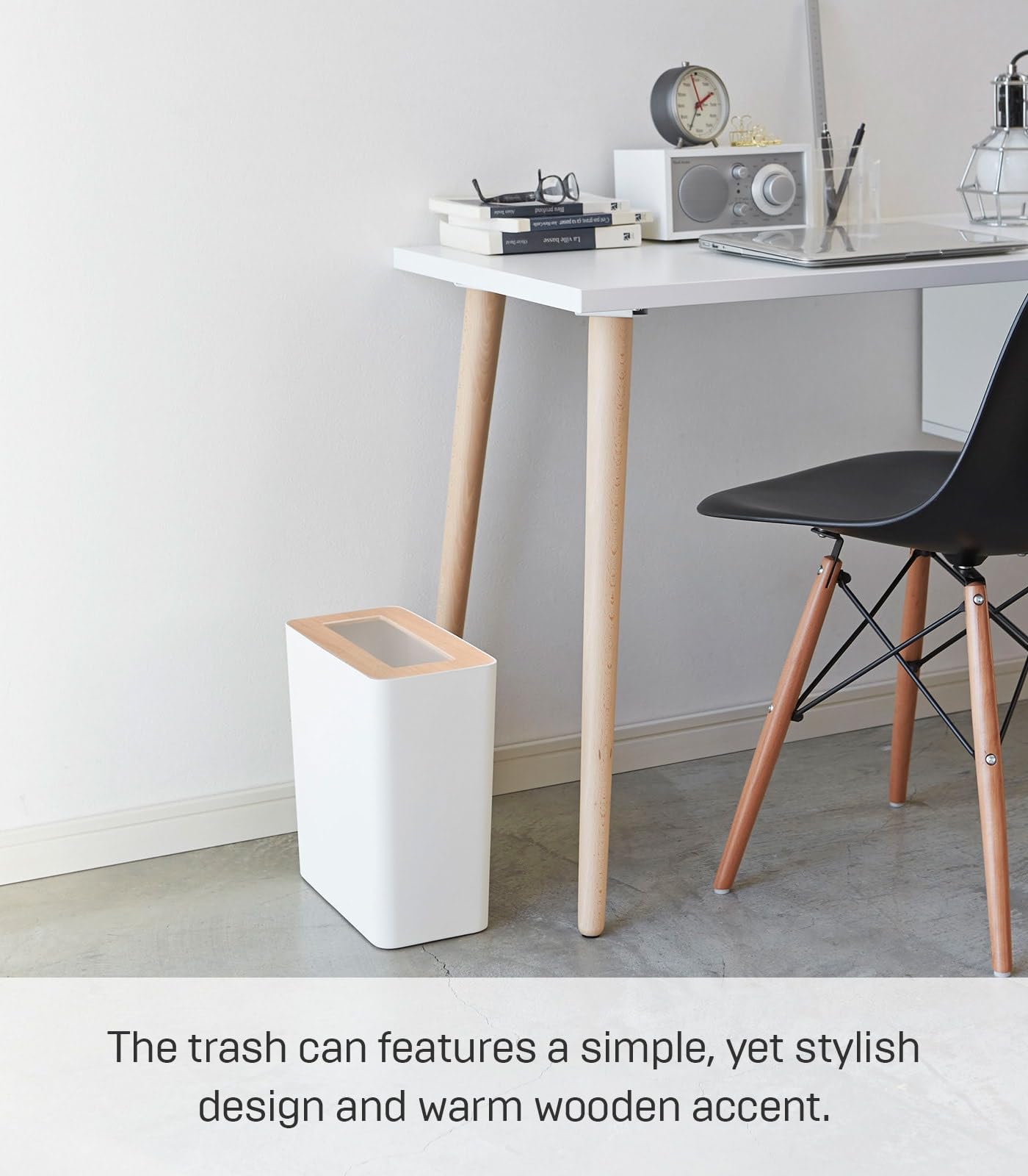 YAMAZAKI Home Rin Trash Can - Small Modern Home Wastebasket for Bathroom Kitchen Office - Steel + Wood