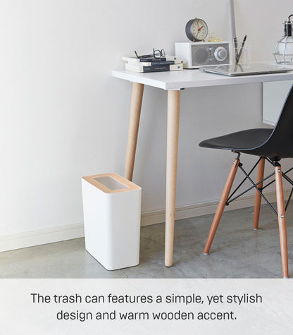 YAMAZAKI Home Rin Trash Can - Small Modern Home Wastebasket for Bathroom Kitchen Office - Steel + Wood