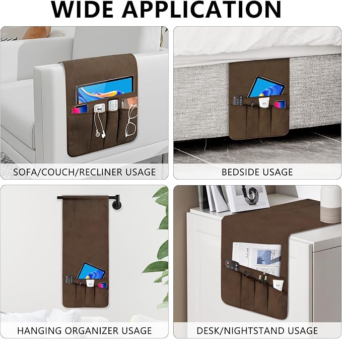 Couch Organizer Remote Control Holder Armchair Caddy, Anti Slip Corduroy Tv Remote Holder Couch Caddy with 5 Pockets for Storage Couch Accessories Bedside Organizer Senior Citizen Gifts